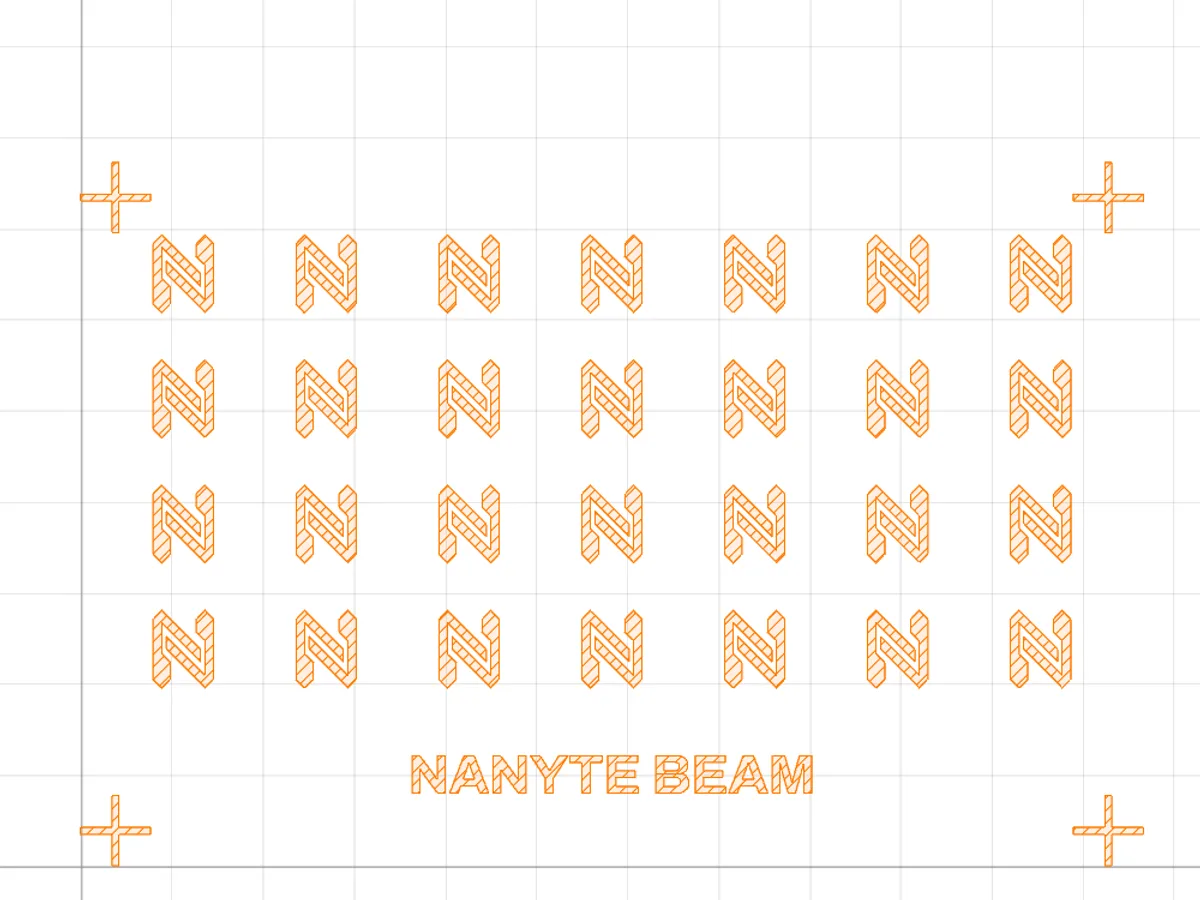 The BeamXplorer design preview showing an array of NANYTE logo patterns with alignment marks, on a grid with origin axes and rulers