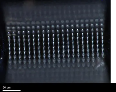 2 µm pillars in HSQ — patterned on the NANYTE BEAM maskless lithography system