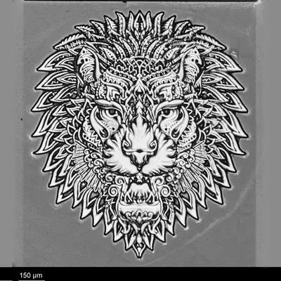 Lion head · greyscale relief — patterned on the NANYTE BEAM maskless lithography system